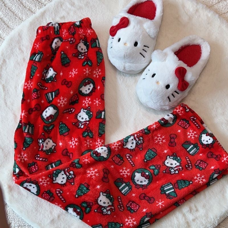 Y2K Christmas Hello Kitty Flannel Pajama Pants – Cute Anime Loungewear