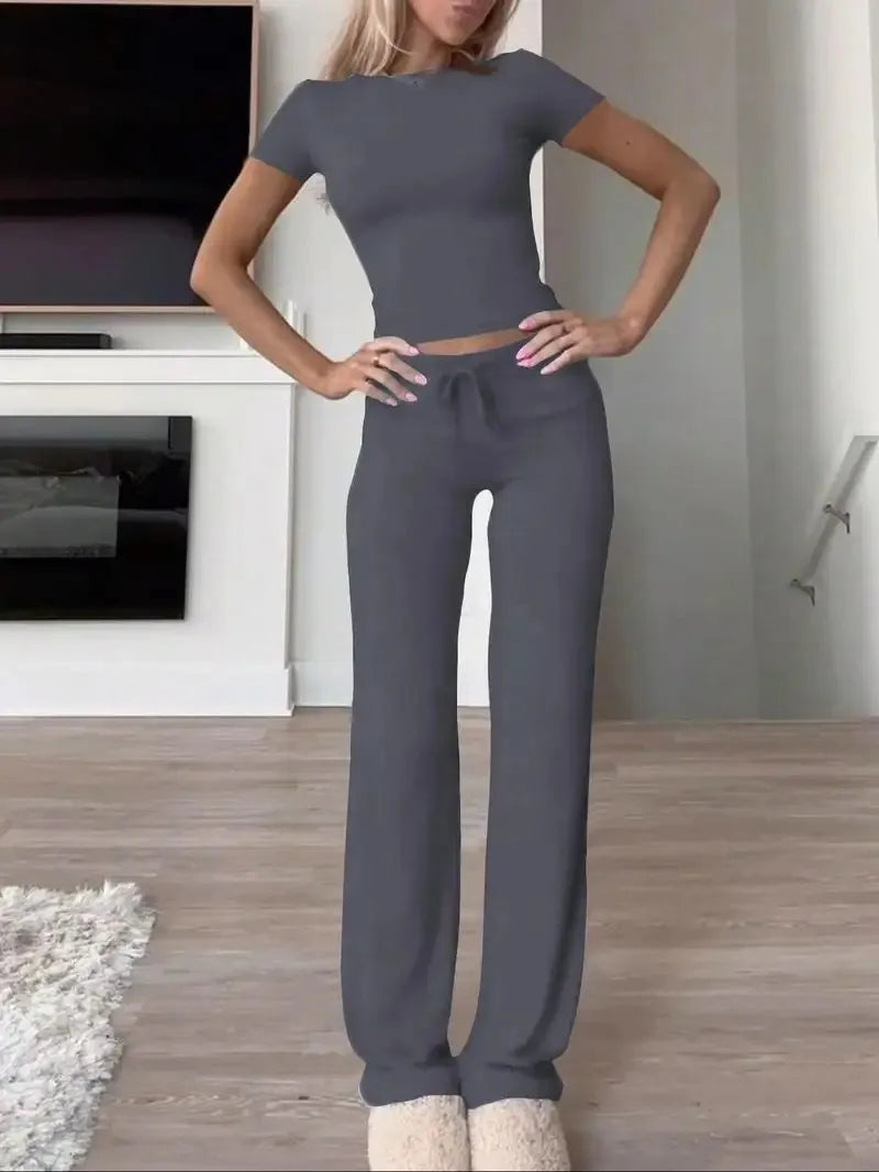 Women's Casual Lounge Set – Short Sleeve Top + Pants