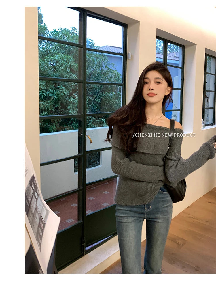 Women’s Elegant Off-the-Shoulder Slim-Fit Sweater – Autumn Casual Top