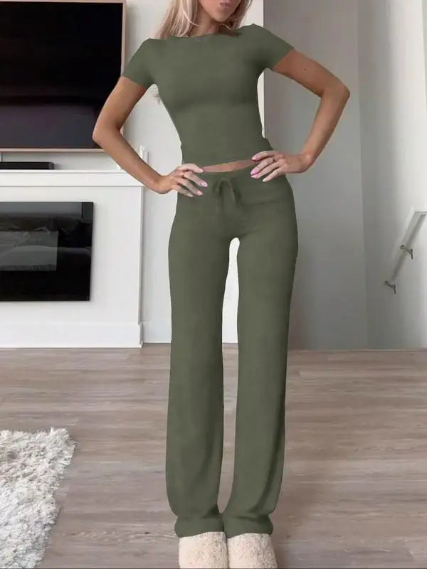 Women's Casual Lounge Set – Short Sleeve Top + Pants