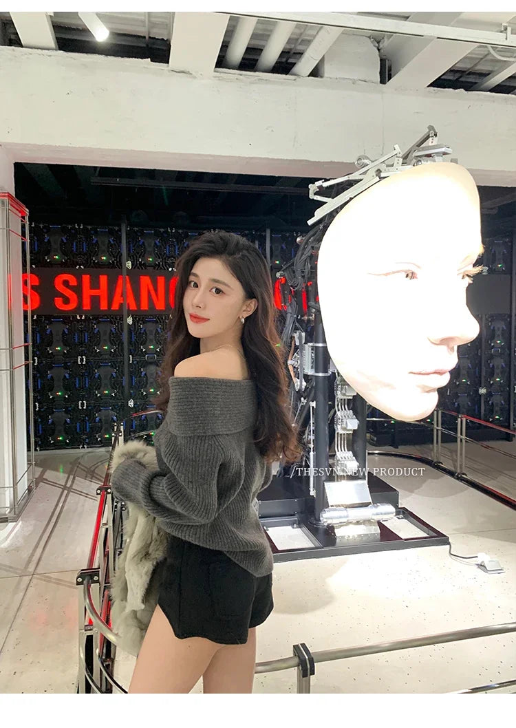 Women’s Elegant Off-the-Shoulder Slim-Fit Sweater – Autumn Casual Top