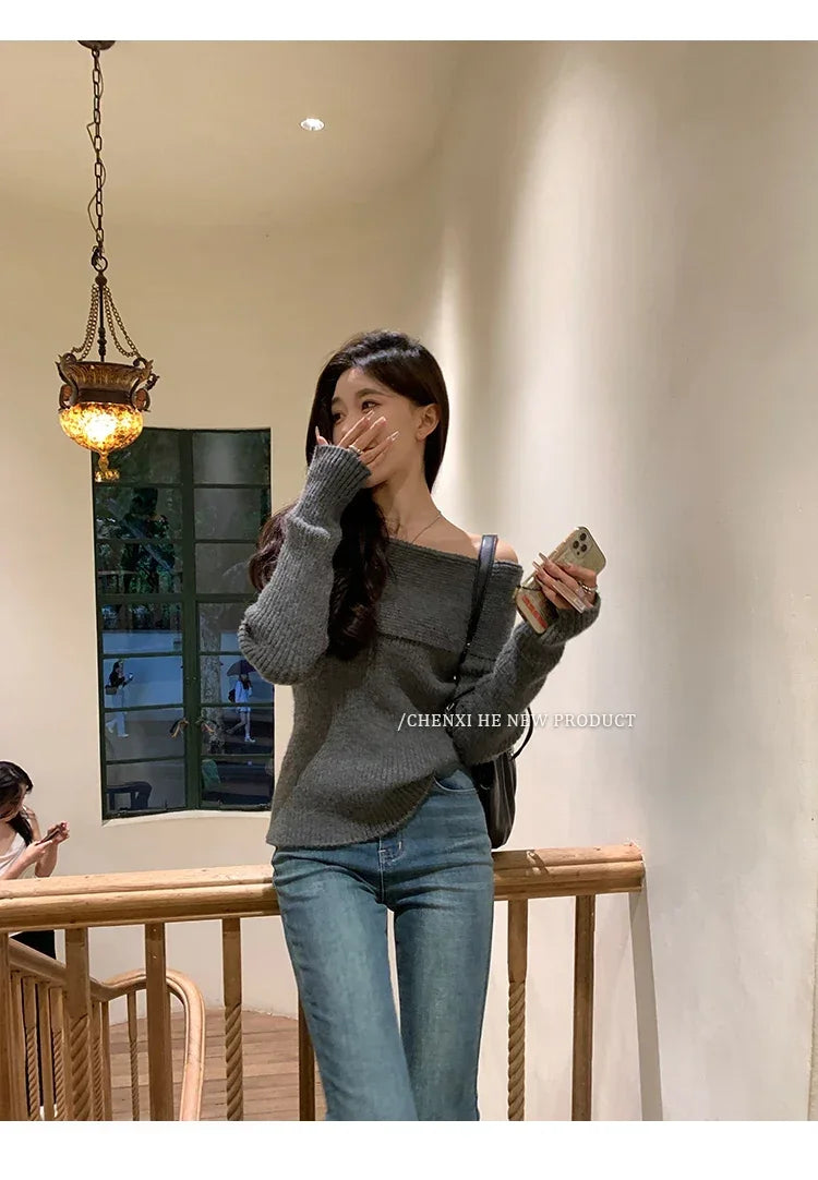 Women’s Elegant Off-the-Shoulder Slim-Fit Sweater – Autumn Casual Top