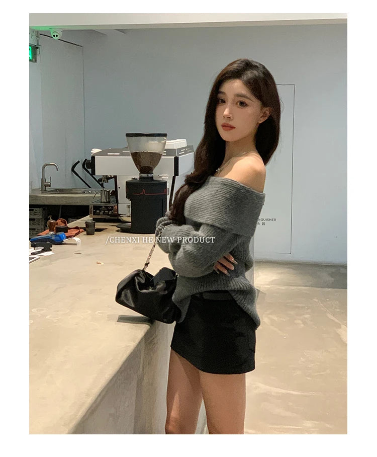 Women’s Elegant Off-the-Shoulder Slim-Fit Sweater – Autumn Casual Top