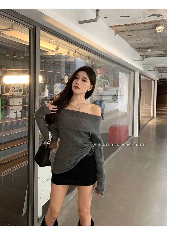 Women’s Elegant Off-the-Shoulder Slim-Fit Sweater – Autumn Casual Top