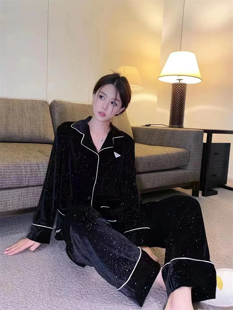 Sky Star River Velvet Pajama Set – Women’s Winter Loungewear (Black)