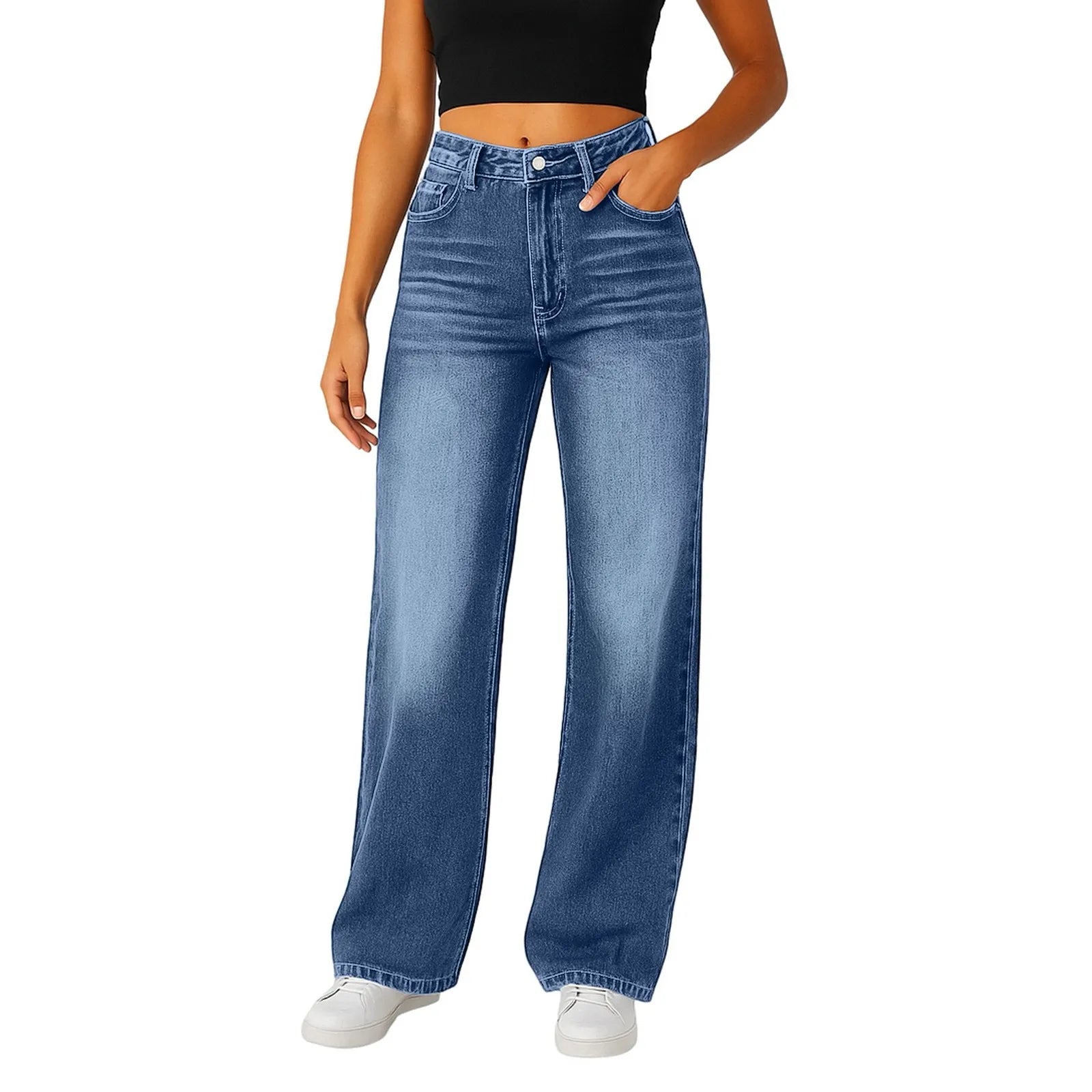 Women’s High-Waisted Wide-Leg Jeans – Light Blue, Loose Fit