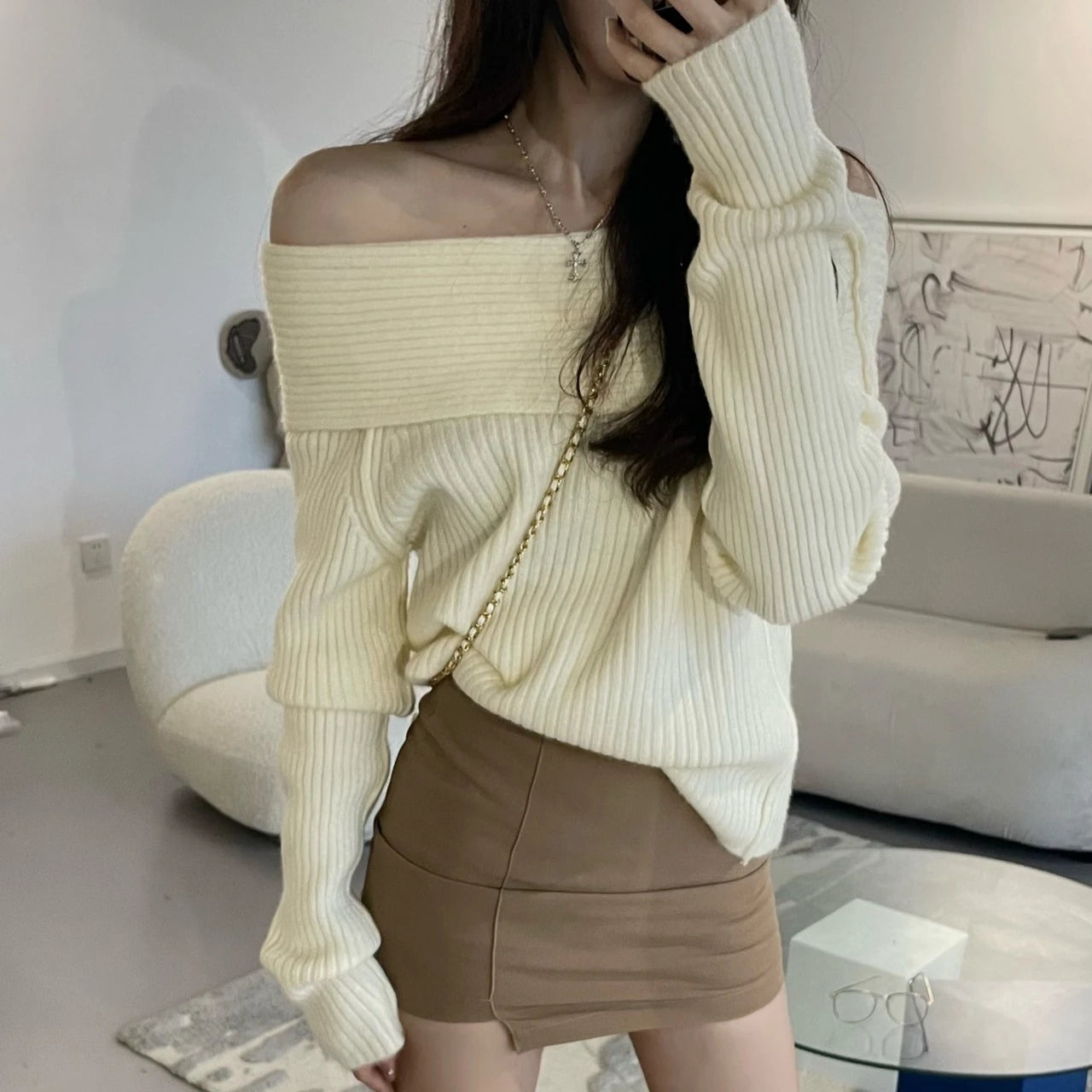 Women’s Elegant Off-the-Shoulder Slim-Fit Sweater – Autumn Casual Top