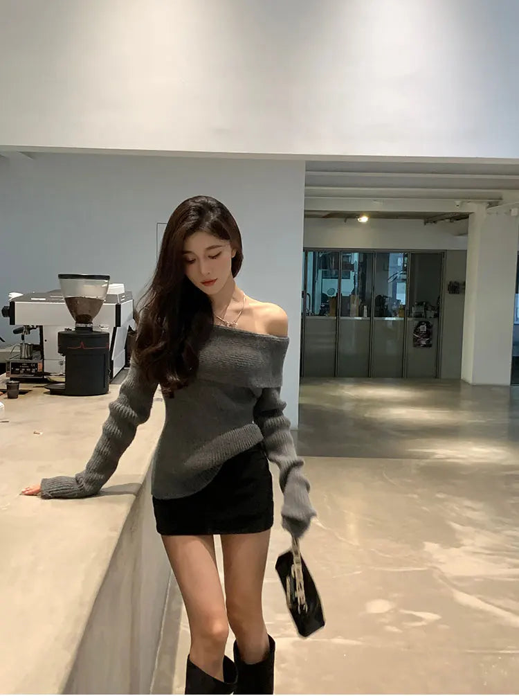 Women’s Elegant Off-the-Shoulder Slim-Fit Sweater – Autumn Casual Top
