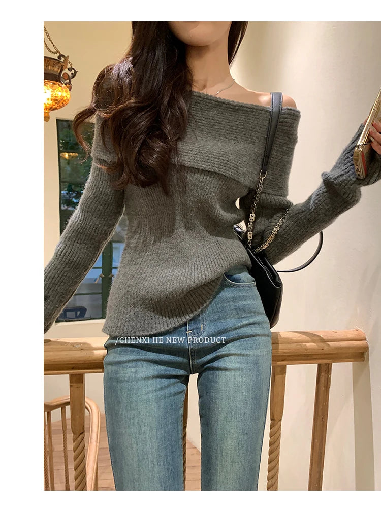Women’s Elegant Off-the-Shoulder Slim-Fit Sweater – Autumn Casual Top