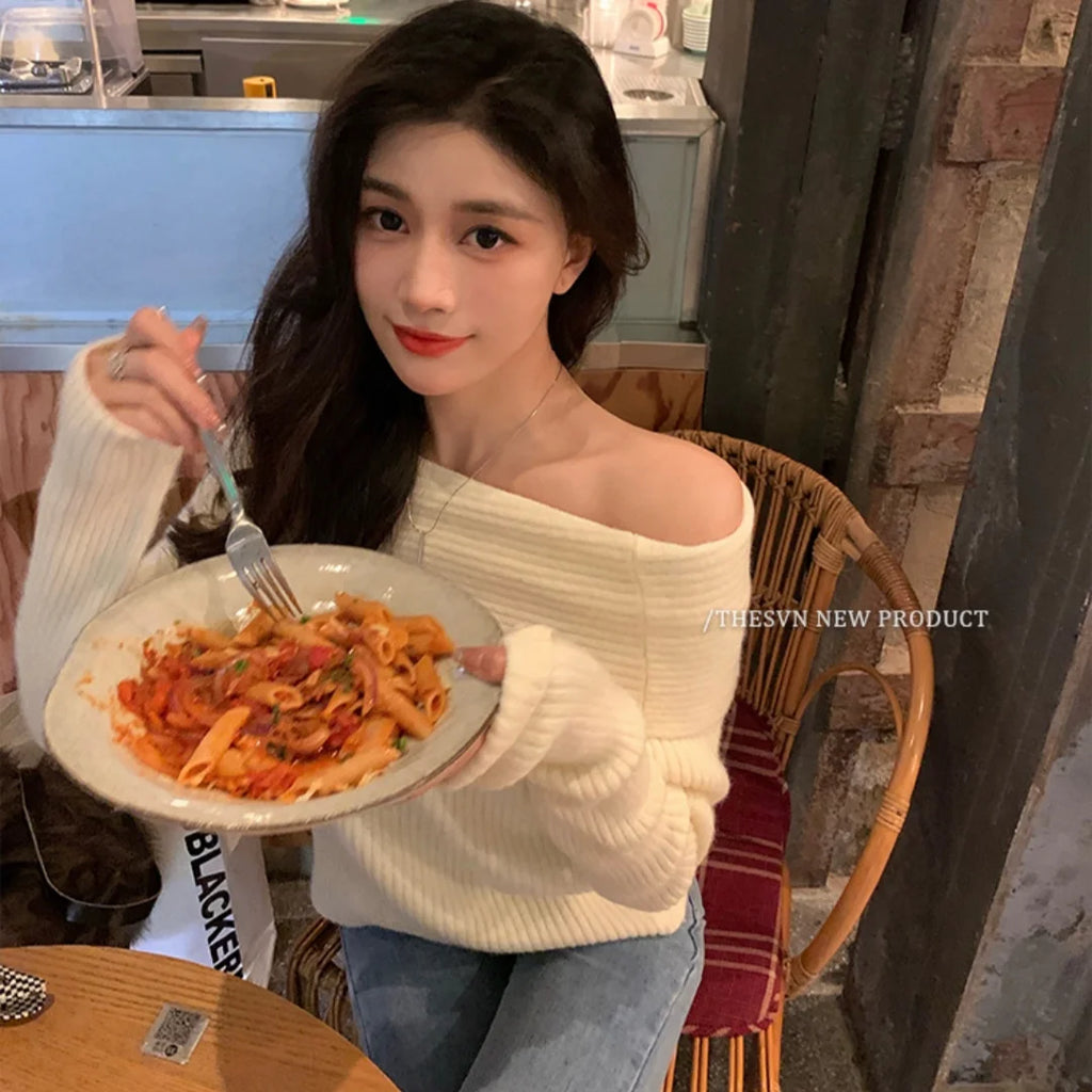 Women’s Elegant Off-the-Shoulder Slim-Fit Sweater – Autumn Casual Top