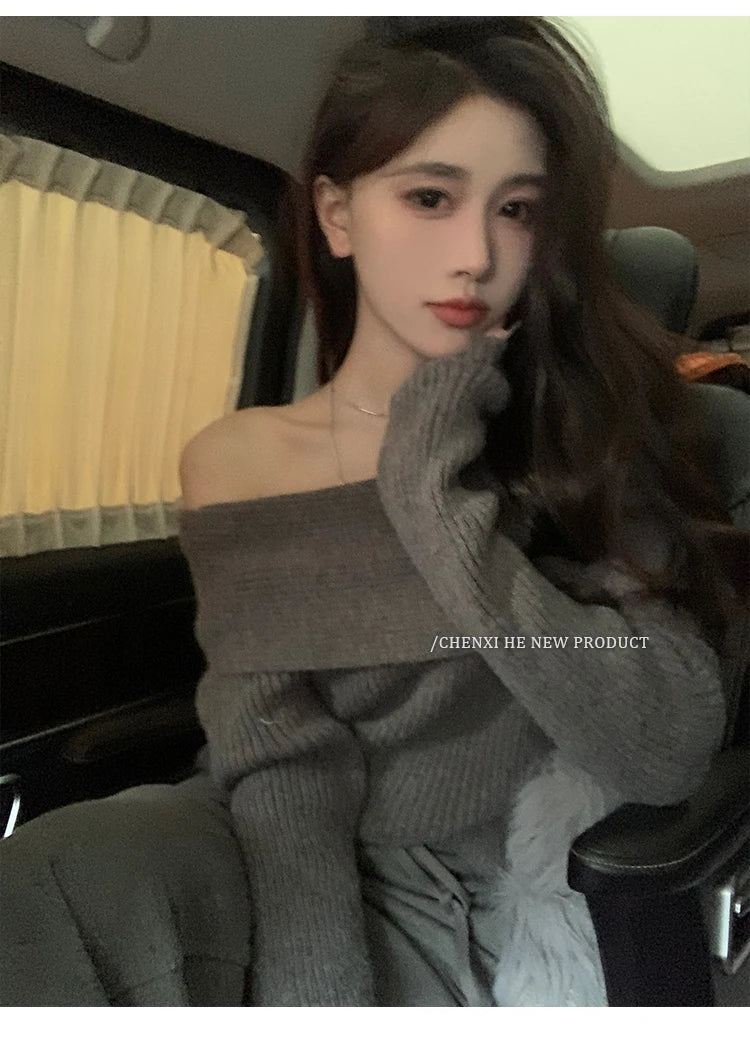 Women’s Elegant Off-the-Shoulder Slim-Fit Sweater – Autumn Casual Top