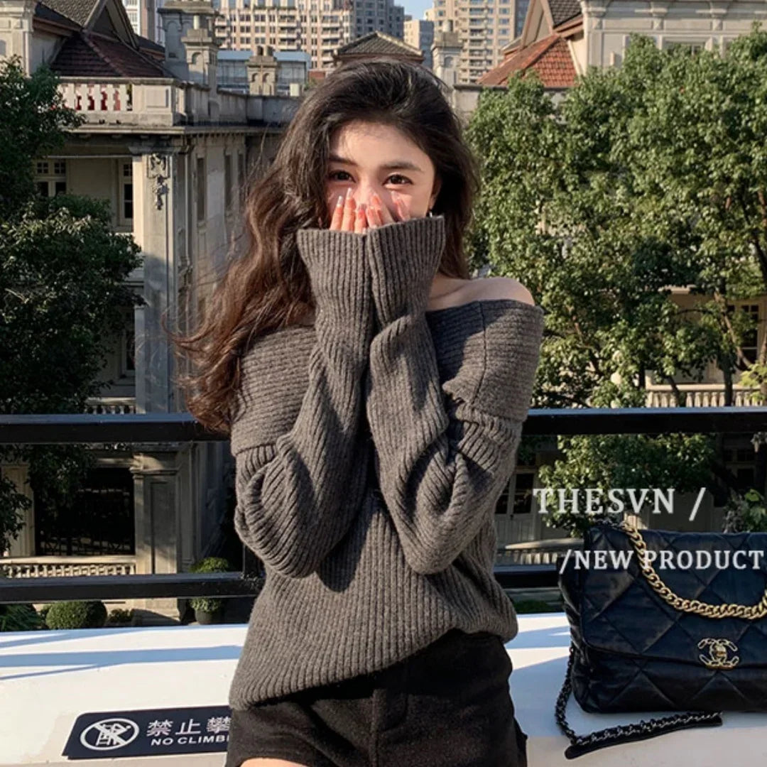 Women’s Elegant Off-the-Shoulder Slim-Fit Sweater – Autumn Casual Top