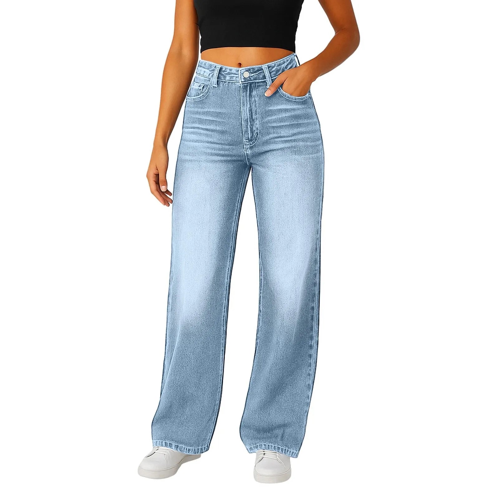 Women’s High-Waisted Wide-Leg Jeans – Light Blue, Loose Fit