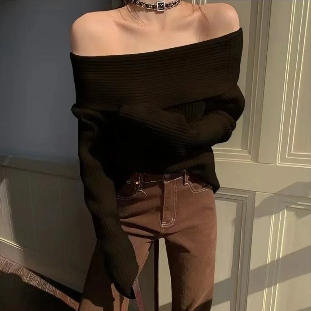Women’s Elegant Off-the-Shoulder Slim-Fit Sweater – Autumn Casual Top