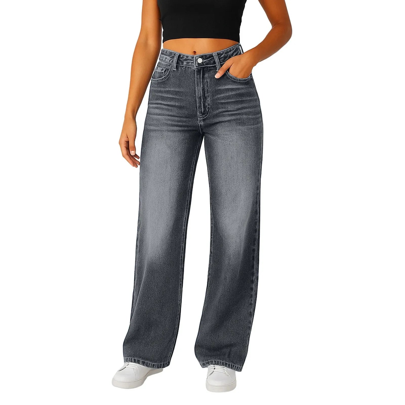 Women’s High-Waisted Wide-Leg Jeans – Light Blue, Loose Fit