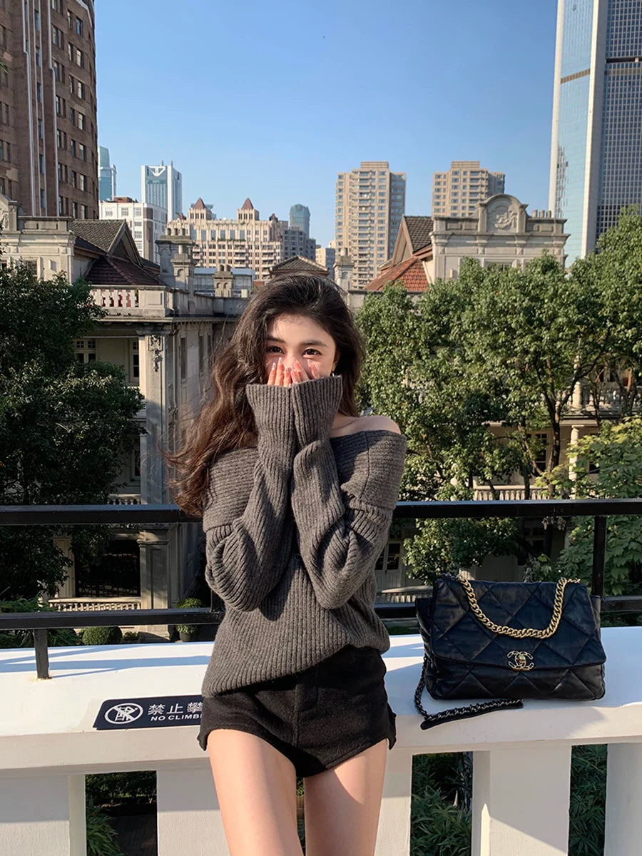 Women’s Elegant Off-the-Shoulder Slim-Fit Sweater – Autumn Casual Top