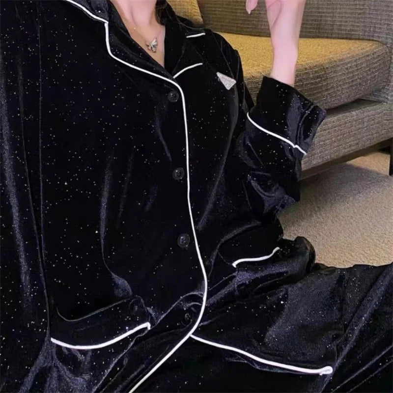 Sky Star River Velvet Pajama Set – Women’s Winter Loungewear (Black)