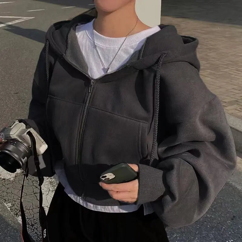 Women’s Autumn/Winter Cropped Zip-Up Hoodie – Y2K Streetwear