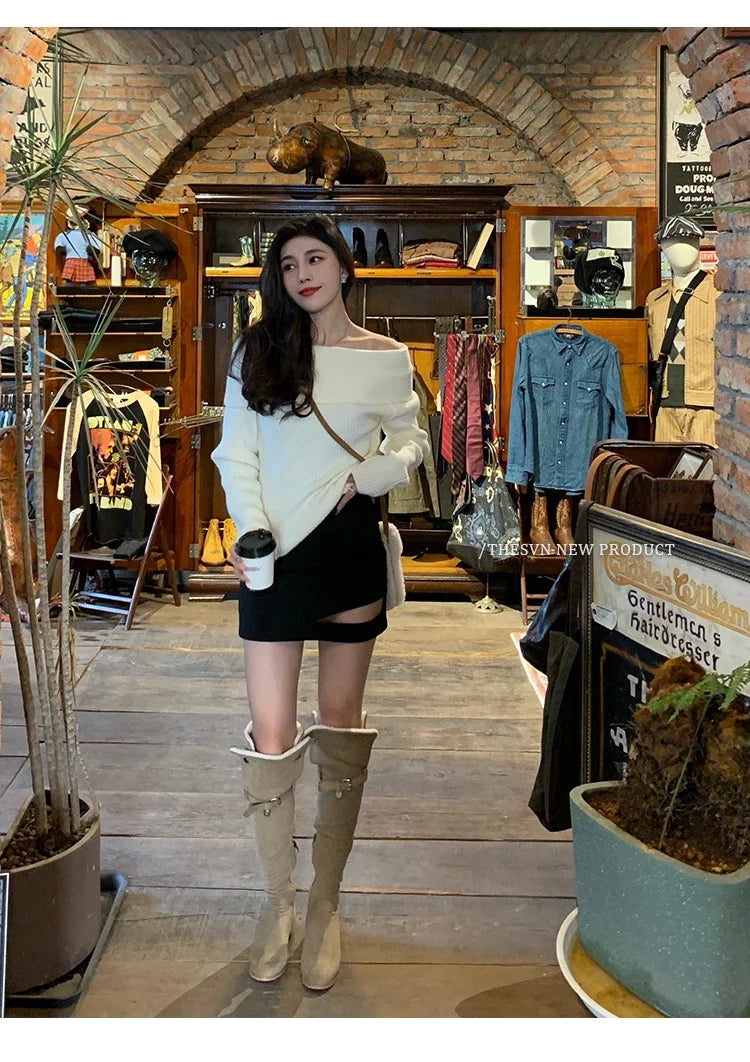 Women’s Elegant Off-the-Shoulder Slim-Fit Sweater – Autumn Casual Top