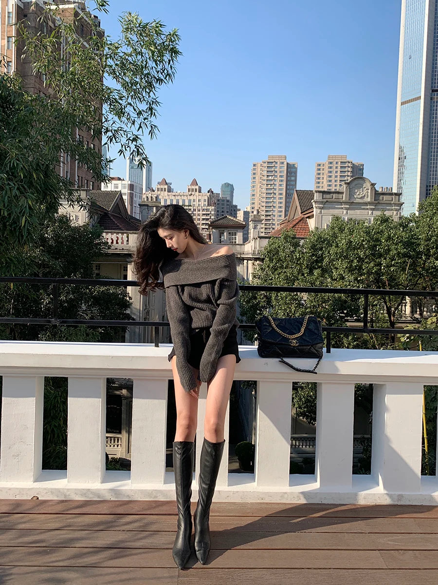 Women’s Elegant Off-the-Shoulder Slim-Fit Sweater – Autumn Casual Top