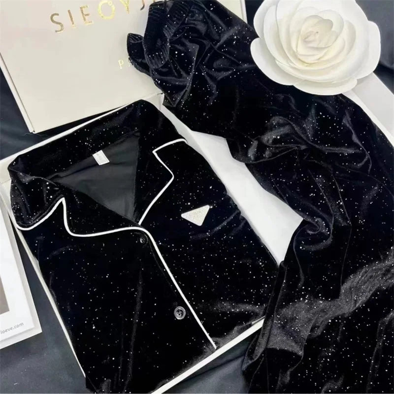 Sky Star River Velvet Pajama Set – Women’s Winter Loungewear (Black)