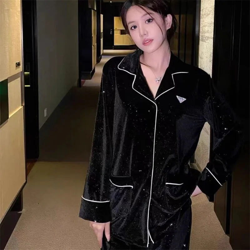 Sky Star River Velvet Pajama Set – Women’s Winter Loungewear (Black)