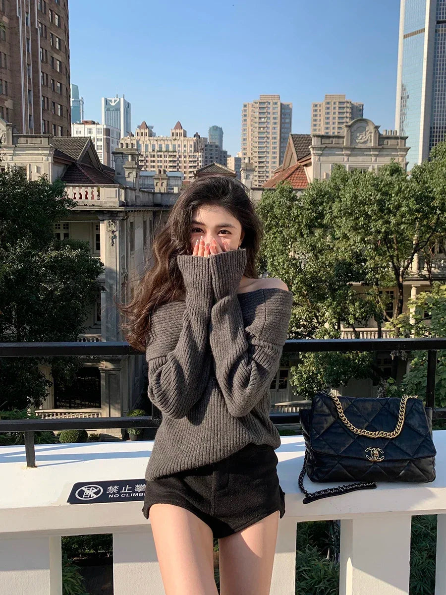 Women’s Elegant Off-the-Shoulder Slim-Fit Sweater – Autumn Casual Top