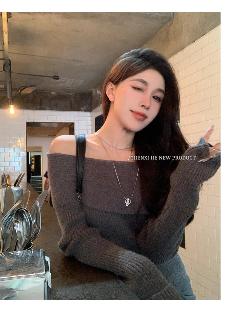 Women’s Elegant Off-the-Shoulder Slim-Fit Sweater – Autumn Casual Top
