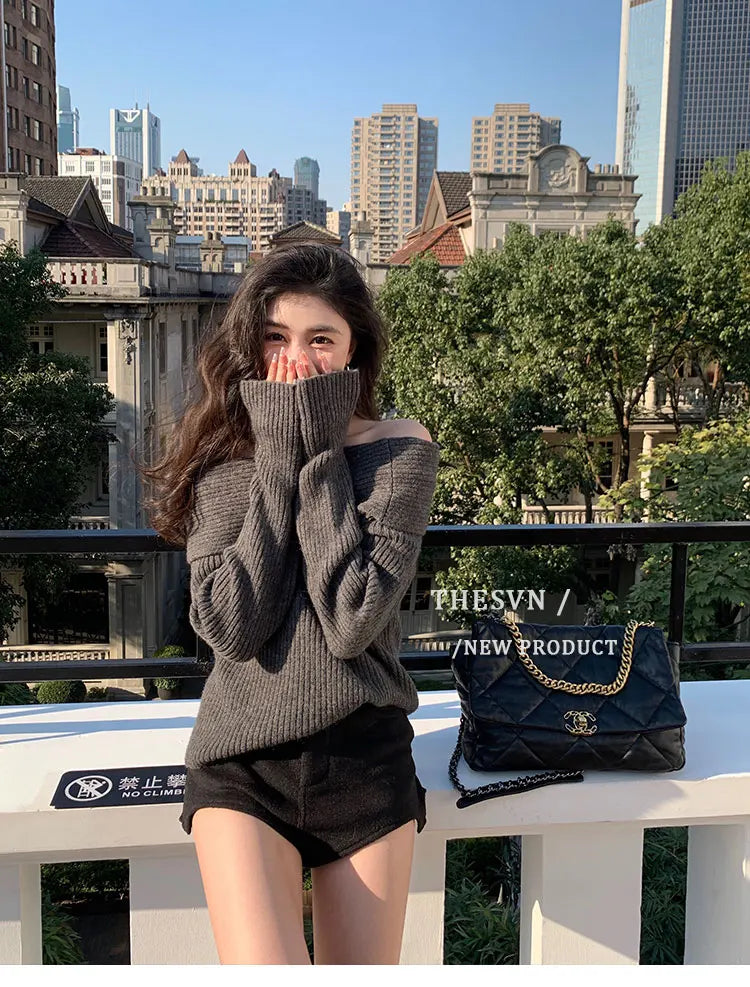 Women’s Elegant Off-the-Shoulder Slim-Fit Sweater – Autumn Casual Top