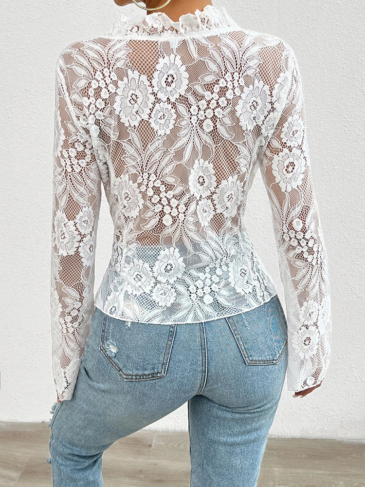 Women’s Fall/Winter Lace Long-Sleeve See-Through Blouse