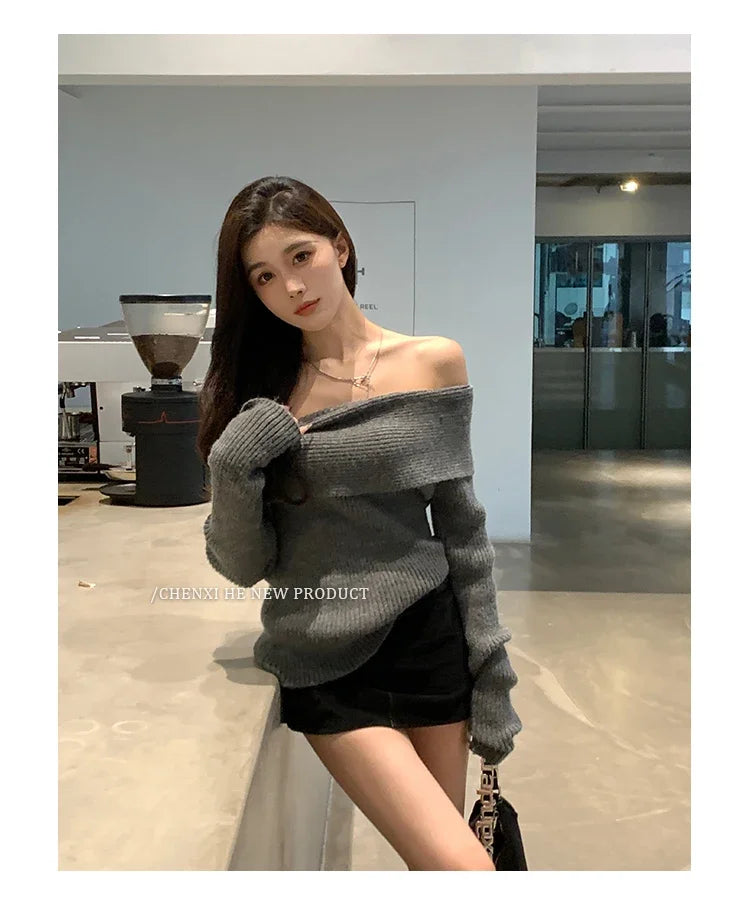 Women’s Elegant Off-the-Shoulder Slim-Fit Sweater – Autumn Casual Top