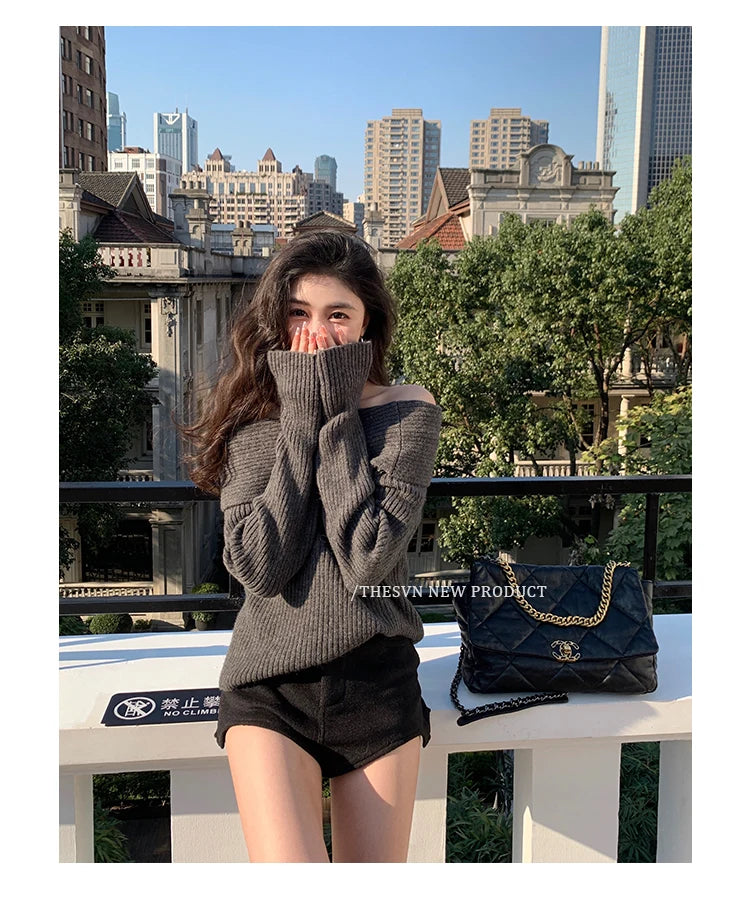 Women’s Elegant Off-the-Shoulder Slim-Fit Sweater – Autumn Casual Top