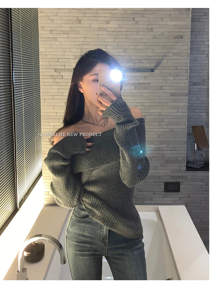 Women’s Elegant Off-the-Shoulder Slim-Fit Sweater – Autumn Casual Top