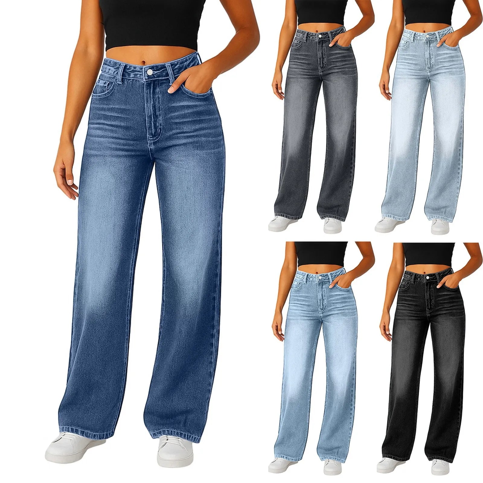 Women’s High-Waisted Wide-Leg Jeans – Light Blue, Loose Fit