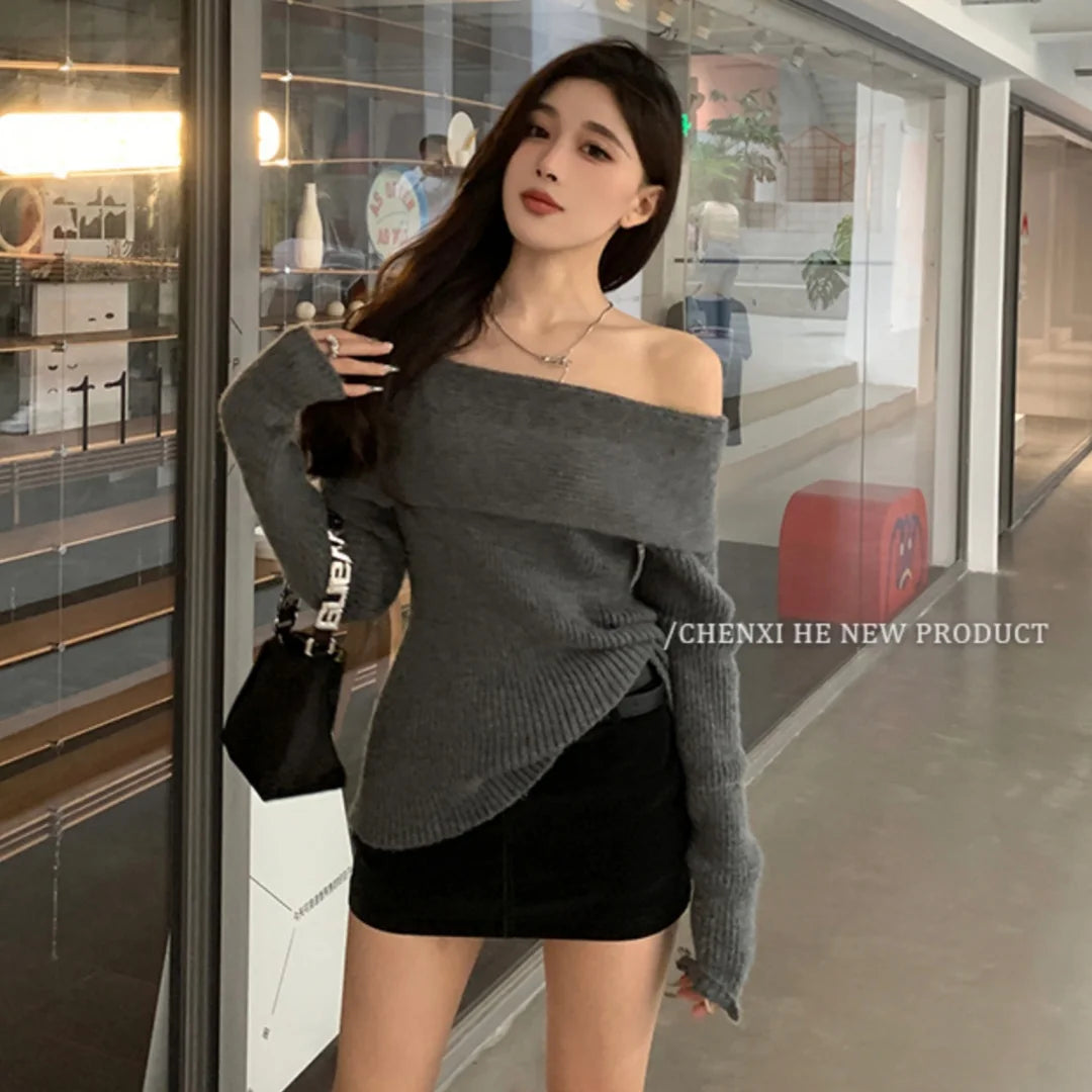 Women’s Elegant Off-the-Shoulder Slim-Fit Sweater – Autumn Casual Top