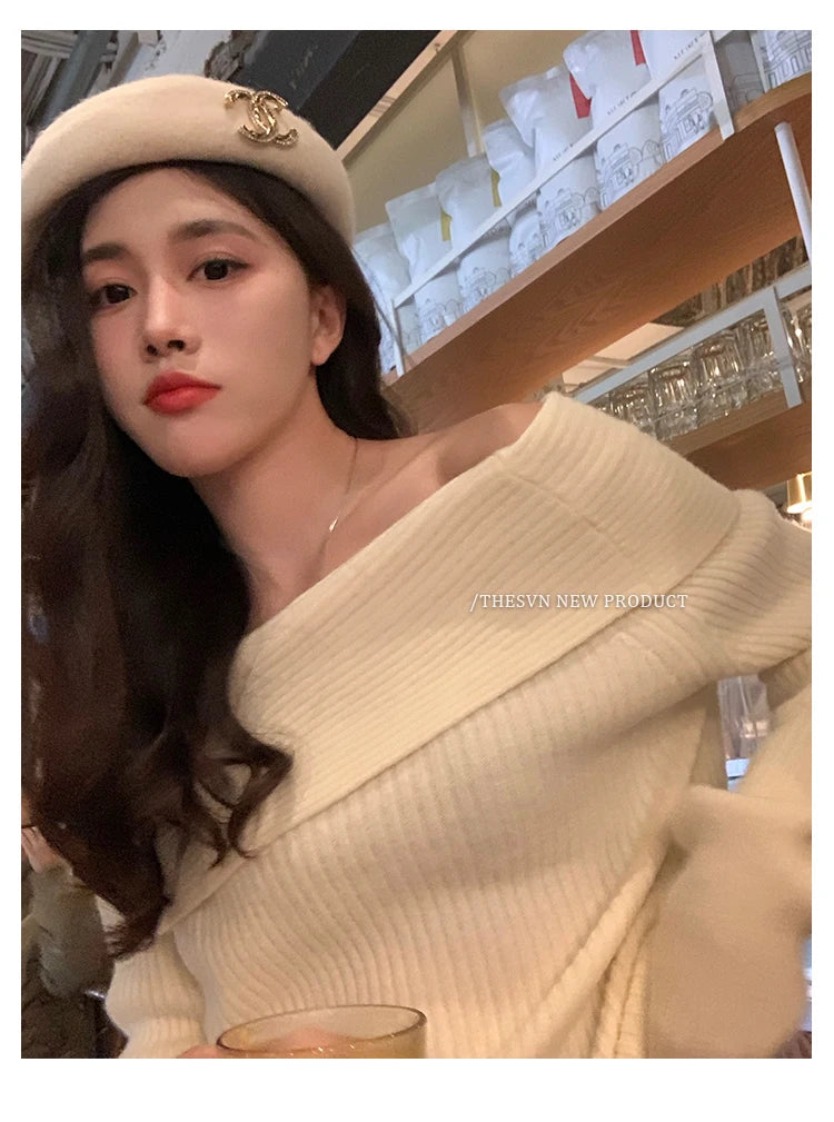 Women’s Elegant Off-the-Shoulder Slim-Fit Sweater – Autumn Casual Top