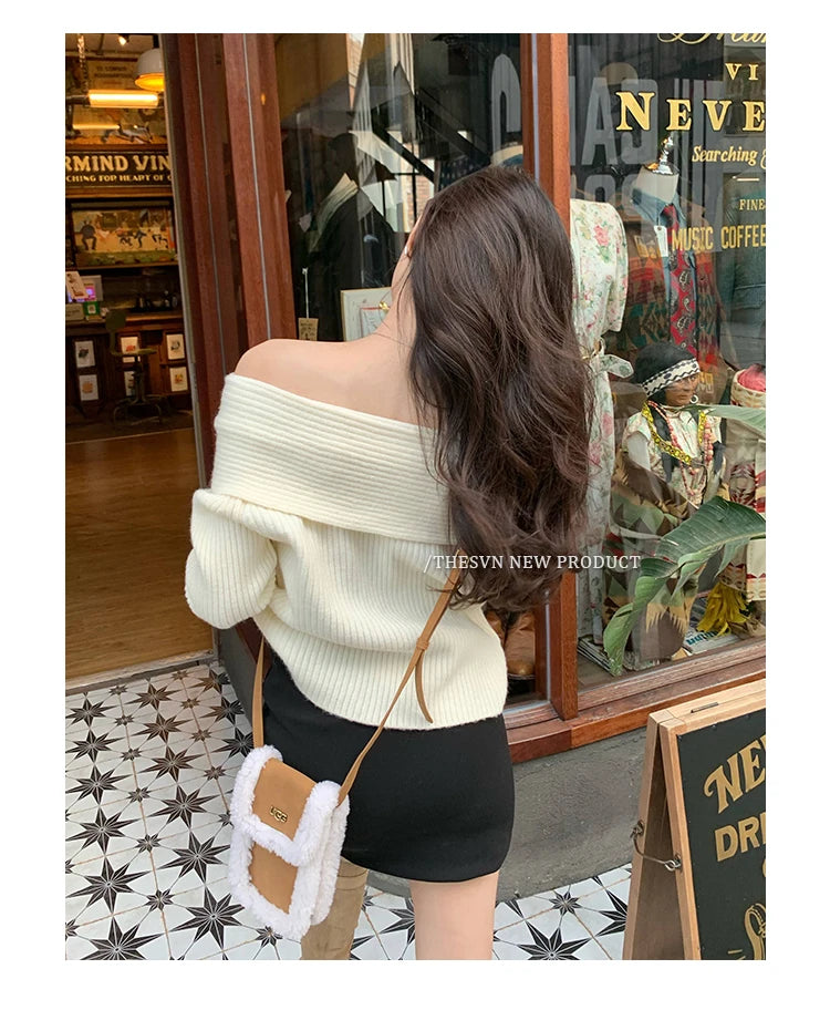 Women’s Elegant Off-the-Shoulder Slim-Fit Sweater – Autumn Casual Top