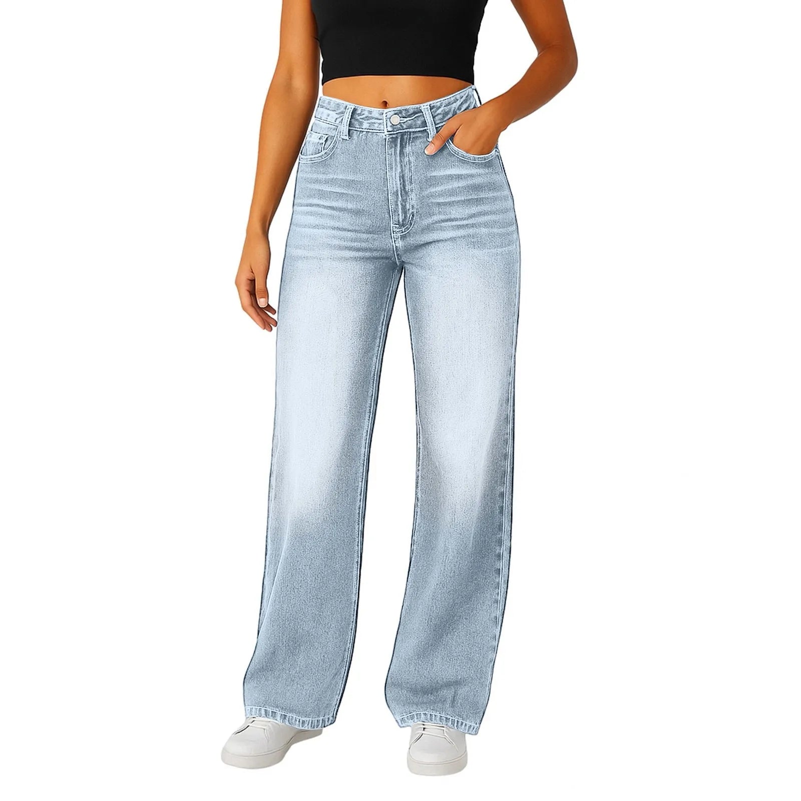 Women’s High-Waisted Wide-Leg Jeans – Light Blue, Loose Fit