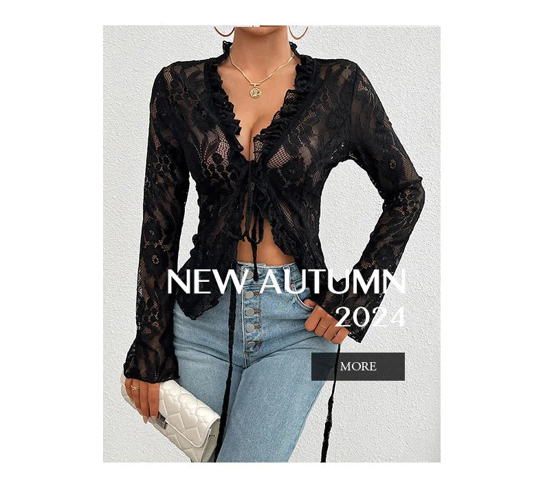 Women’s Fall/Winter Lace Long-Sleeve See-Through Blouse