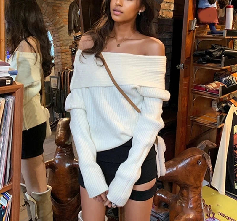 Women’s Elegant Off-the-Shoulder Slim-Fit Sweater – Autumn Casual Top