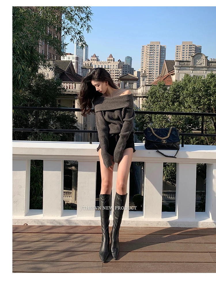 Women’s Elegant Off-the-Shoulder Slim-Fit Sweater – Autumn Casual Top