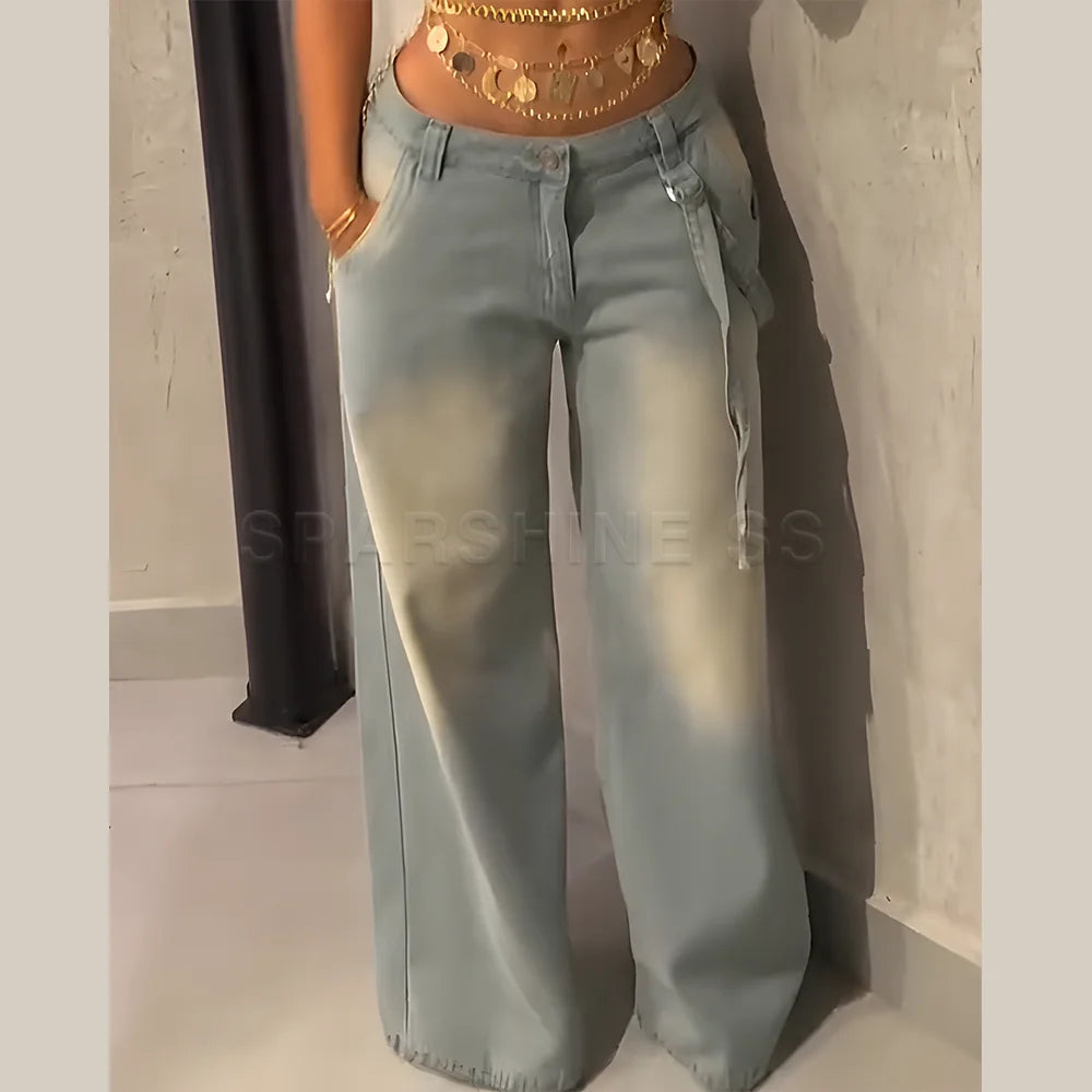 Jeans for Women Straight Pants Vintage Denims Washed Mid Waist Loose Fit Wide Leg Denim Long Pants 2025 Streetwear