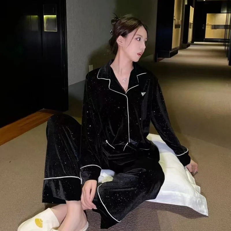 Sky Star River Velvet Pajama Set – Women’s Winter Loungewear (Black)