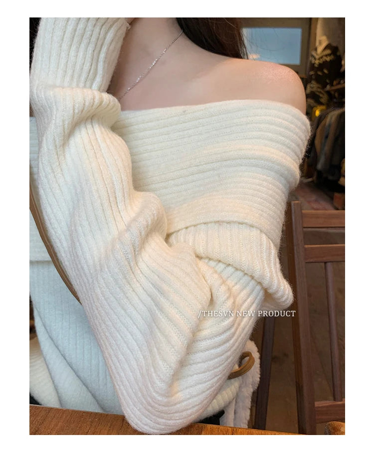 Women’s Elegant Off-the-Shoulder Slim-Fit Sweater – Autumn Casual Top